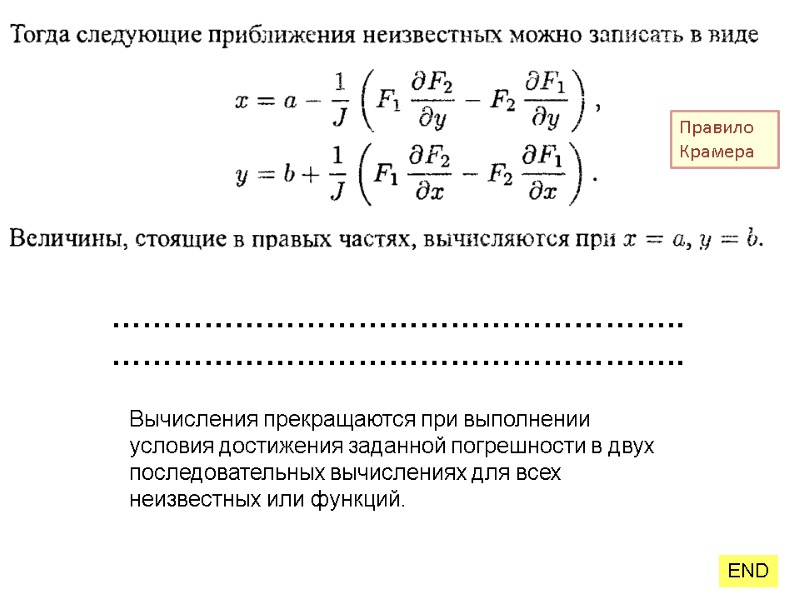Правило Крамера Вычисления прекращаются при выполнении условия достижения заданной погрешности в двух последовательных вычислениях